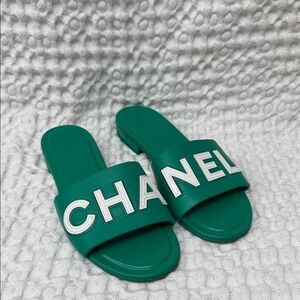 CHANEL Emerald Green Slide Sandals